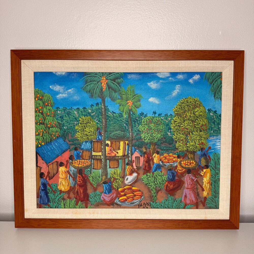 Original Haitian Oil Painting Signed L.Y. Alaby Vintage Folk Art Village Scene